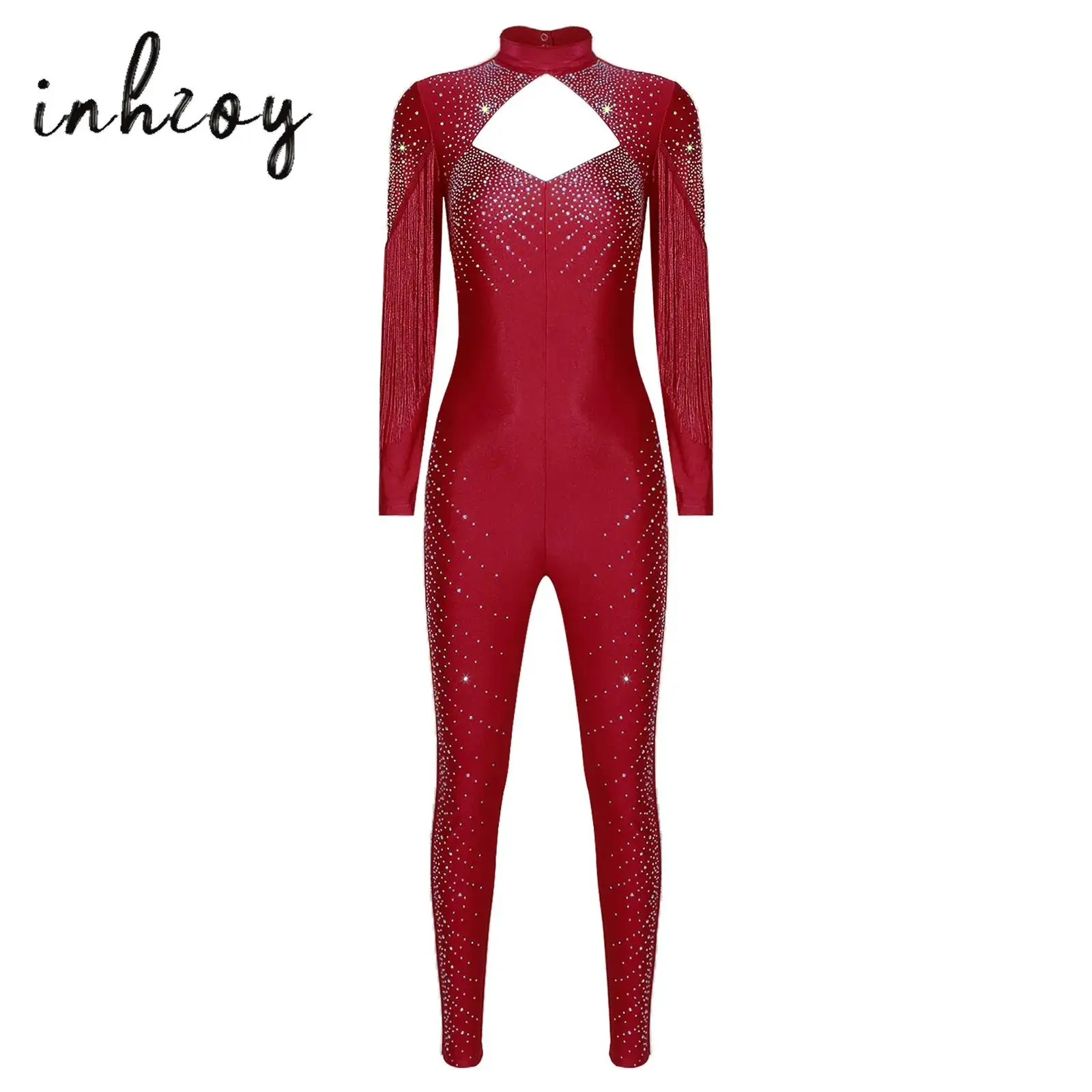 

Womens Figure Skating Jumpsuit Long Sleeve Glittery Rhinestone Tassel Leggings One-piece Rompers Bodysuit for Gymnastics Dancing