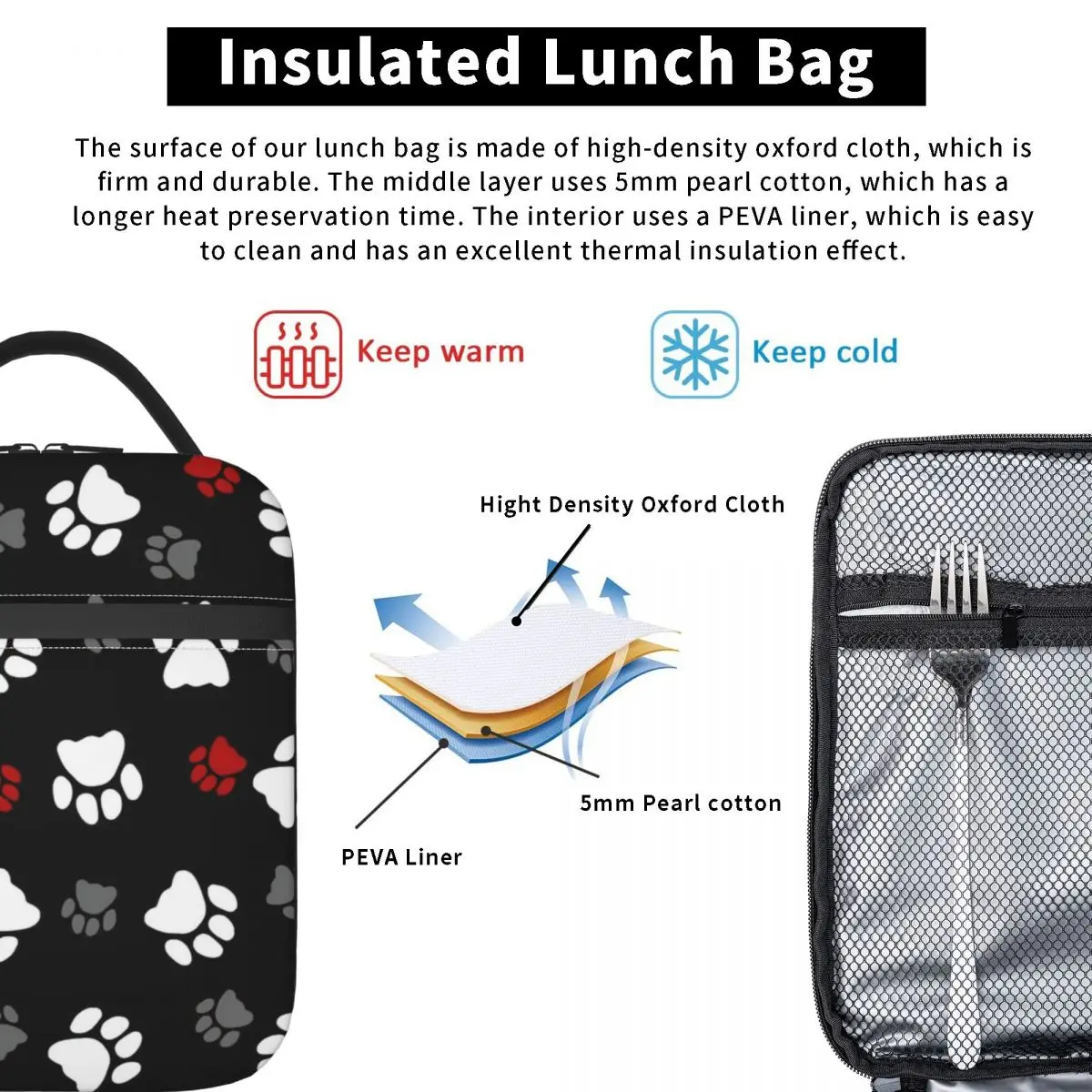 Bolsa de almoço isolada com pata fofa, grande, gato, cachorro, recipiente de refeição, lancheira, praia, viagem, bolsas de comida