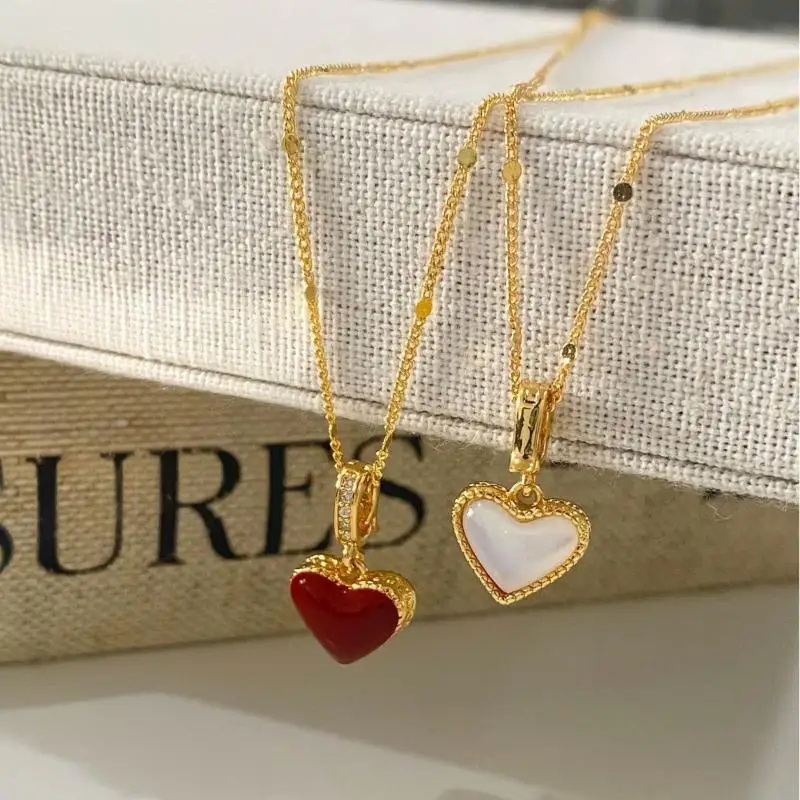 1Pcs French-style Elegant Double-faced Burgundy Heart Enameled Pendant Necklace With Micro-set Stones, Women's Lightweight A-J
