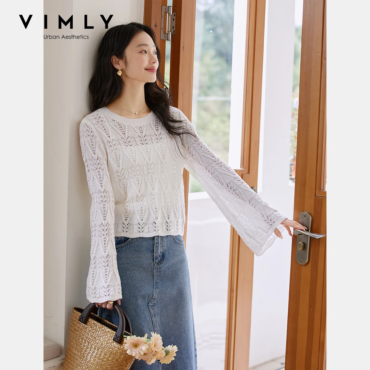 

VIMLY Hollow Out Knitted Sweater Woman 2025 Crew Neck Women's Long Sleeve Knit Tops Lady Pullover Knitwear Female Clothing 73920