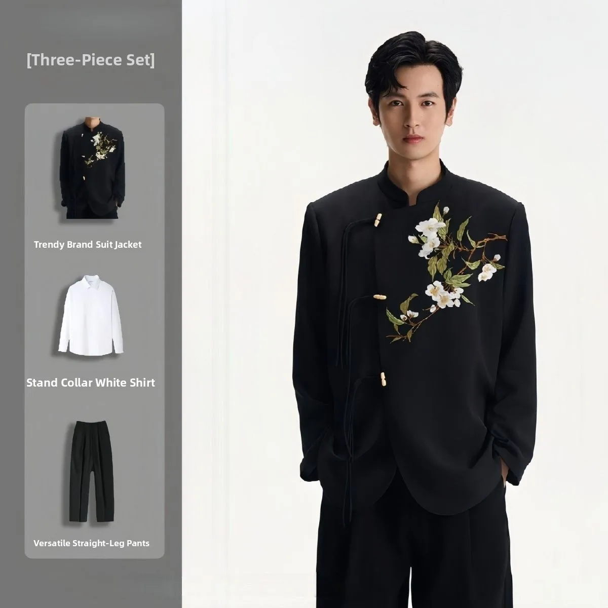 

New Chinese Style Embroidered Men's Suit Jacket Shoulder Pads Stand Collar Double Slit Autumn Fashion Trend Brandless Hanfu