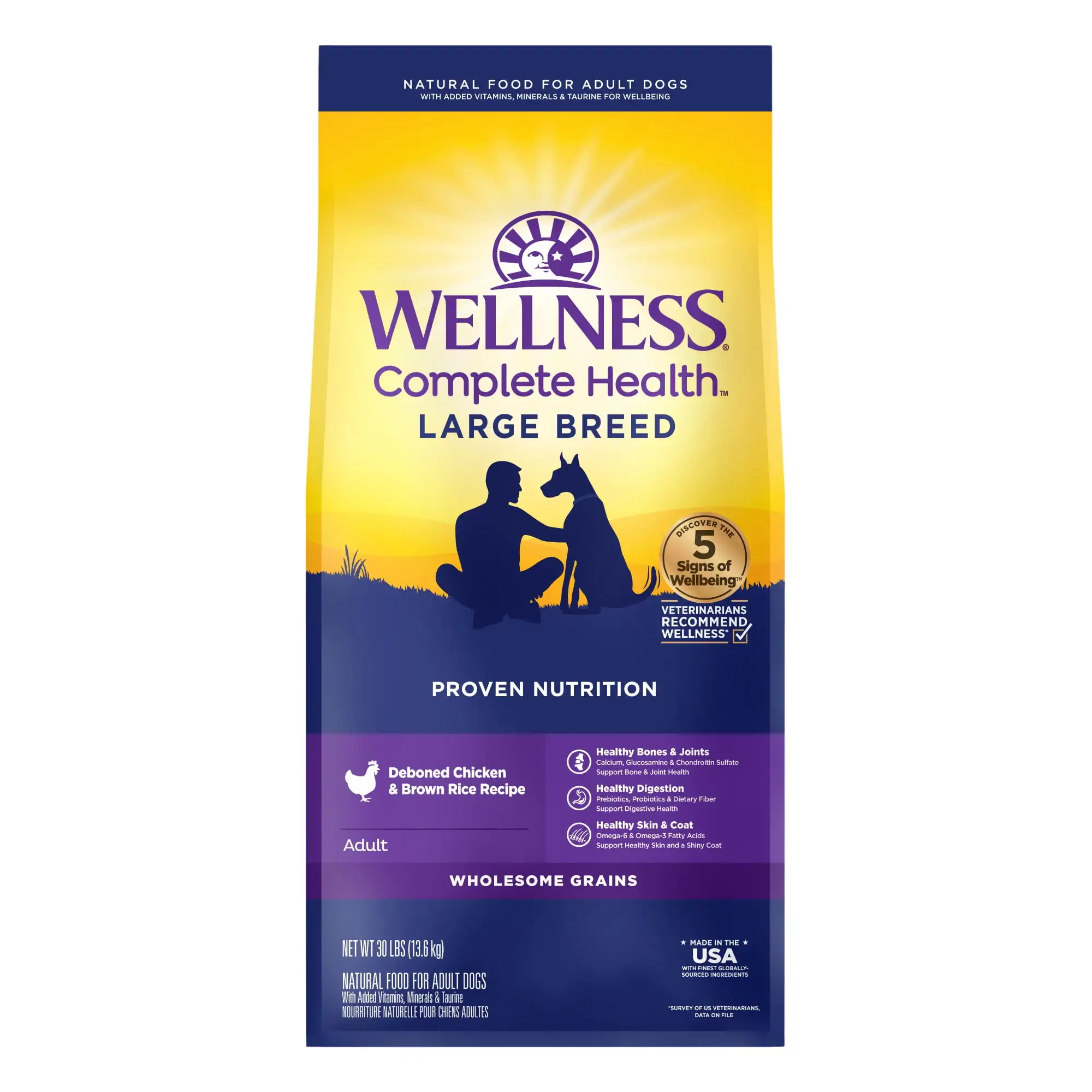 

Wellness Complete Health Натуральный сухой корм для собак крупных пород, курица и рис, пакет 30-фунтов