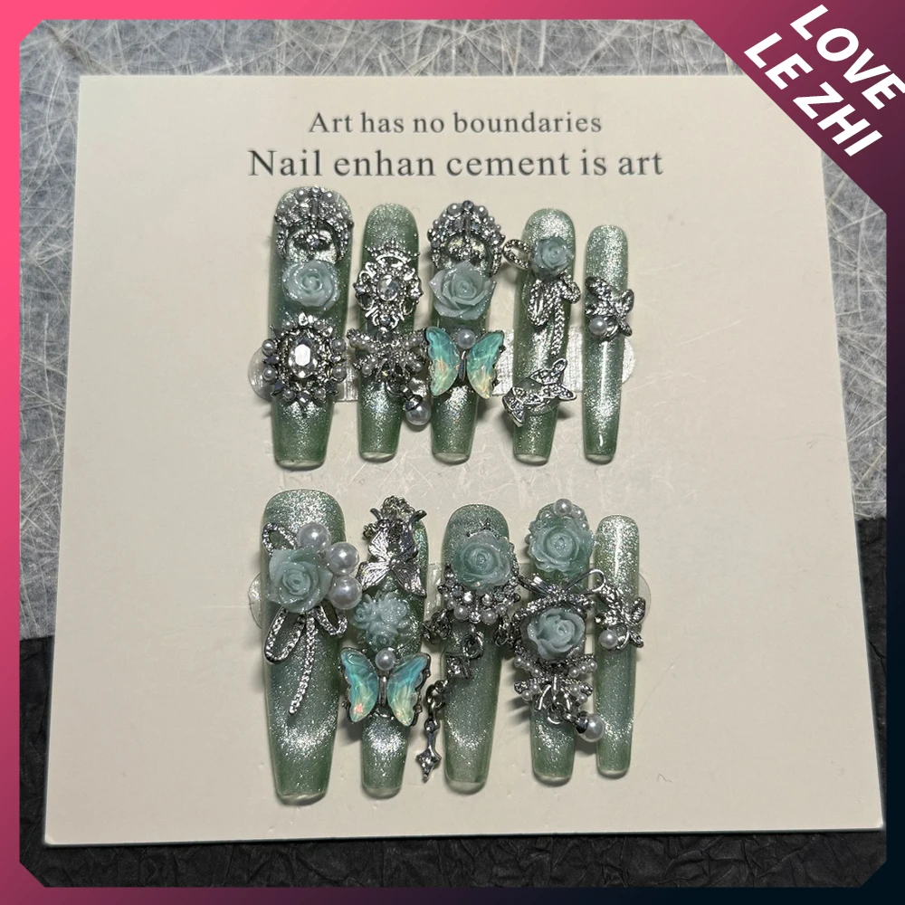 10Pcs Y2K Spice Girls Metal Butterfly Bowknot Handmade Long Stiletto Press On Nails Flower Diamond Pearl Cat Paws Fake Nail