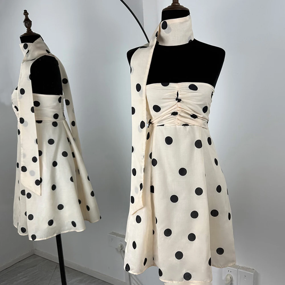 Talenza Fashion Polka Dot Dress Casual Print Contrast Scarf Ribbon Strapless Sexy Dress Summer Party Y2k Vintage Women's Dresses