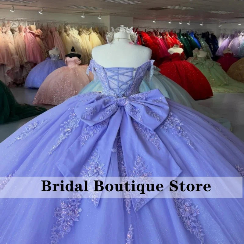 Lavender Shiny Quinceanera Off Shoulder Ball Gown Sweet Applique Lace Bow Beading Tull Birthday Party Vestidos Customized