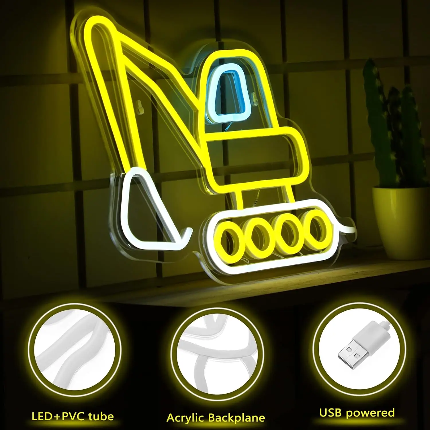 Excavator Neon Sign Construction Vehicles LED Neon Light Wall Decor for Kids Bedroom Boys Room Playroom