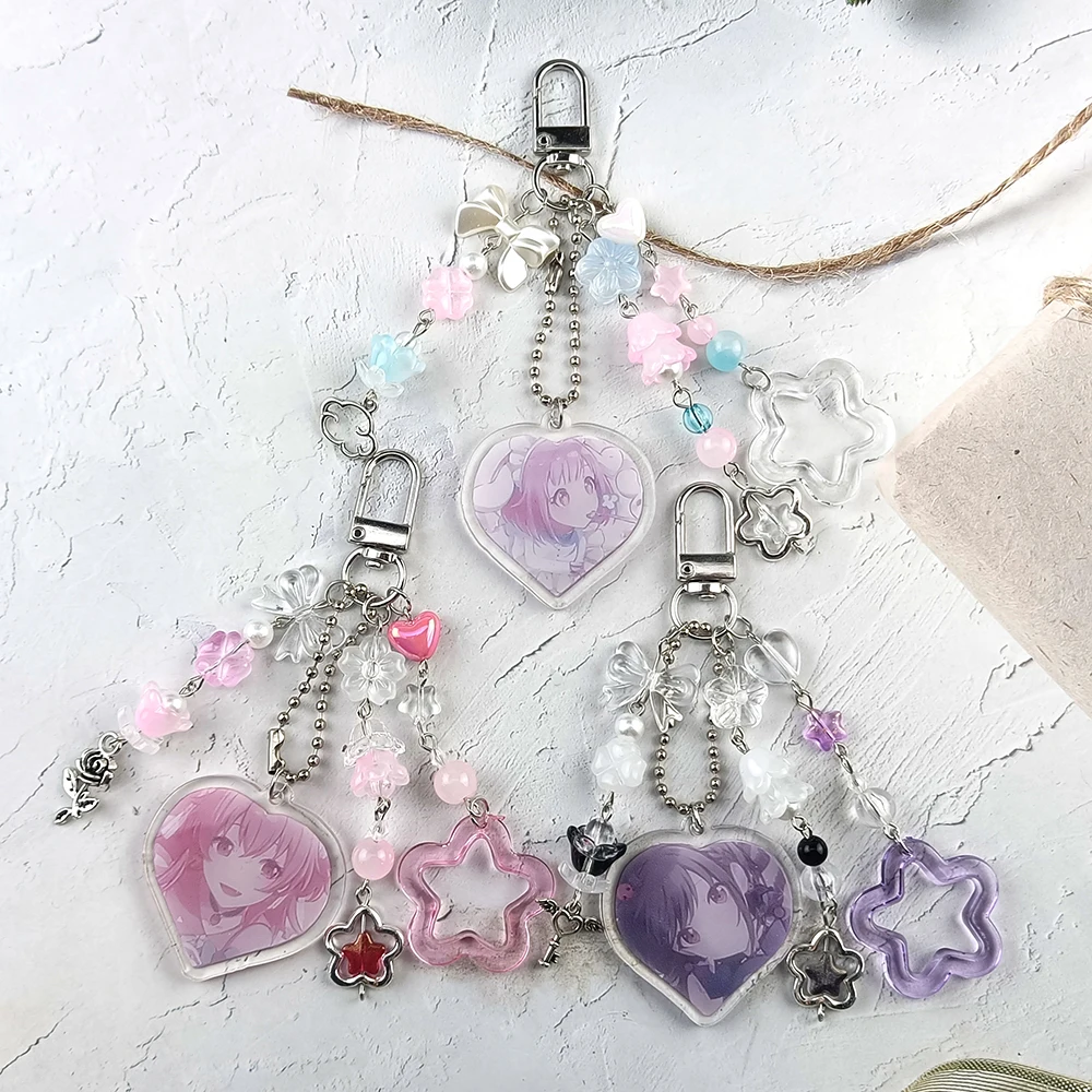 Kawaii Anime Project Sekai Heart Beaded Keychain Star & Flower Pendant Coquette Y2K Aesthetic Backpack Decor for Fans