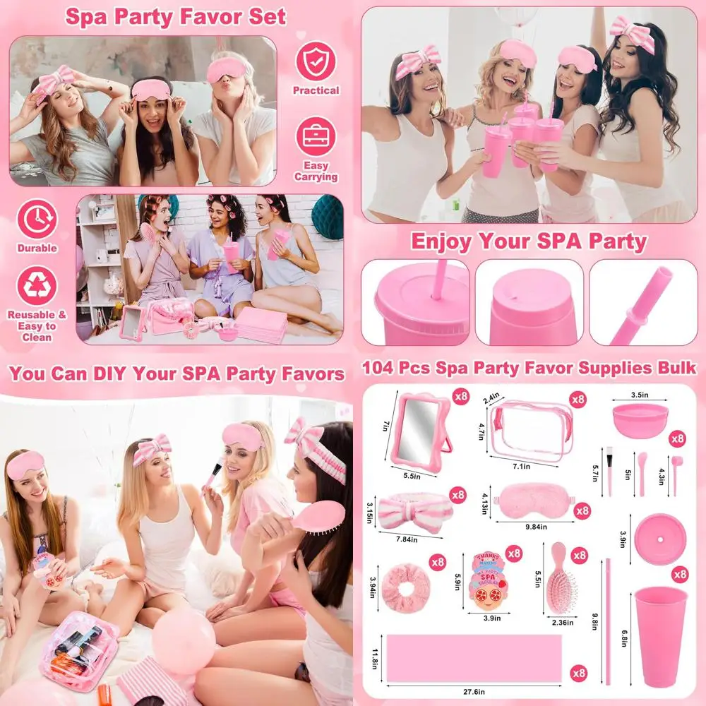 Spa Party Favor Supplies Set: 104 Pieces Including Masks, Mixing Bowls, Eye Masks, Hair Ties, Cosmetic Bags, Washcloths, and Cup