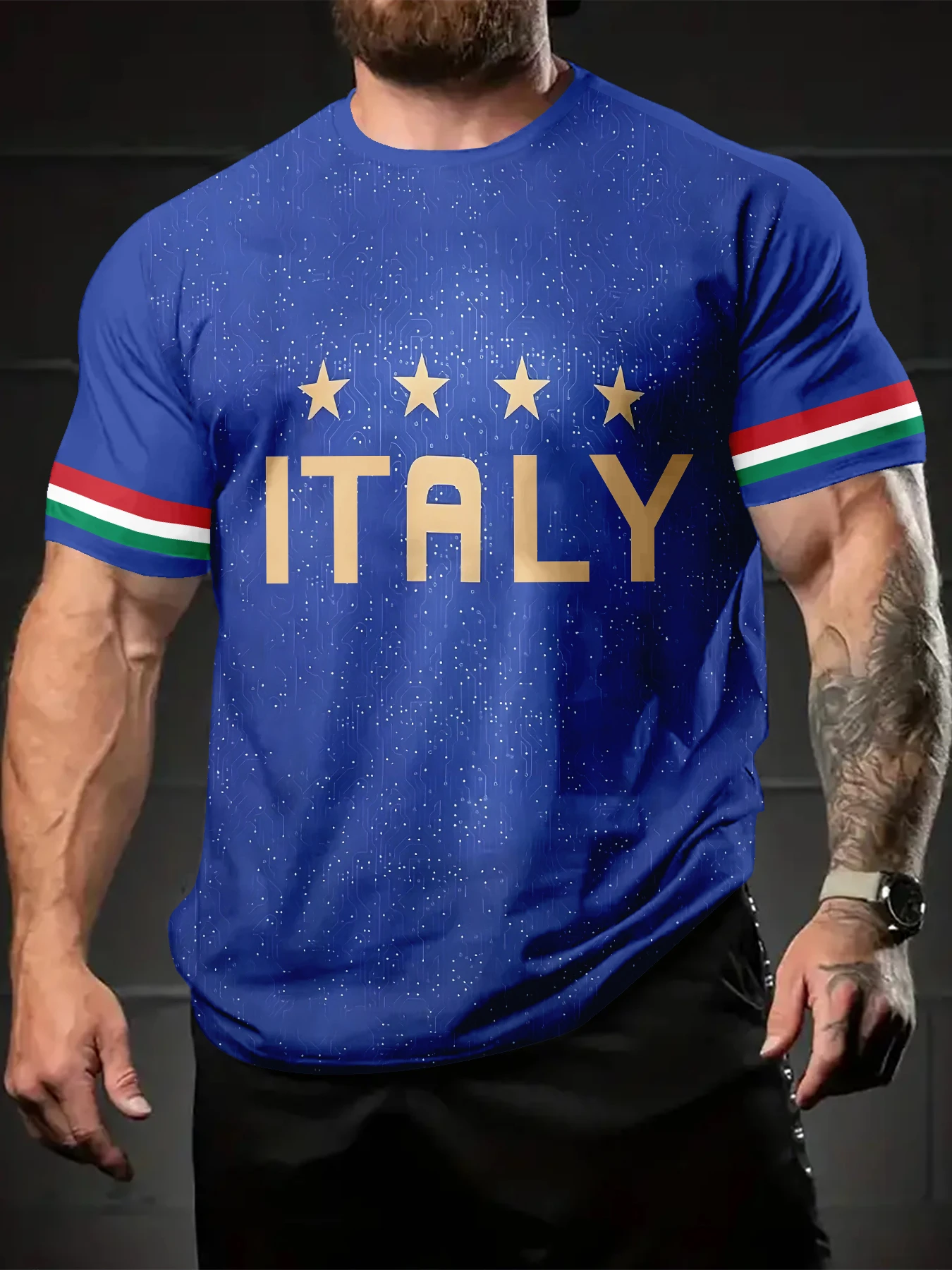 Blue Base Tiny Circuit Dot Four Golden Stars Tricolor Strip Cuff Letter Sport Graphic Men Short Sleeve Tee