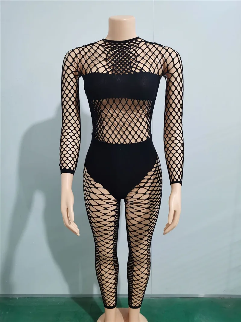 Long Sleeve Hollow Out Women Jumpsuits Black Sexy See Through Bodycon Rompers Fashion Nightclub Party Female Overalls Dropship