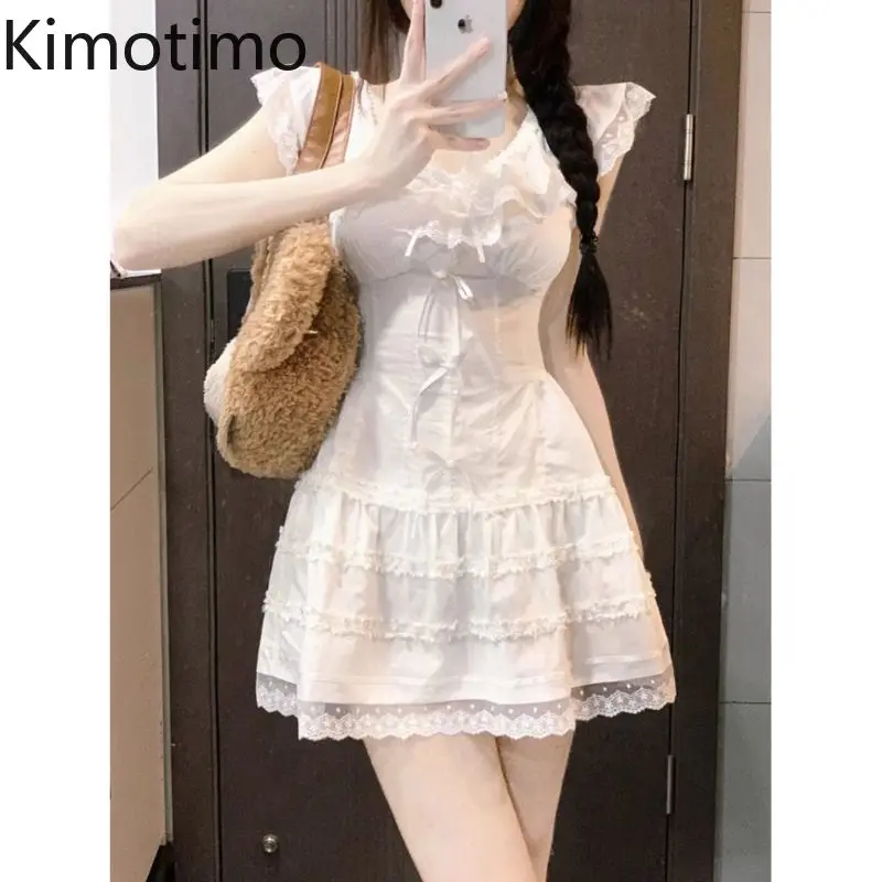 Kimotimo White Lace Spliced Bow Princess Dress 2025 New V Neck High Waist Slim A Line Party Mini Dresses Sweet Chic Y2k Vestidos