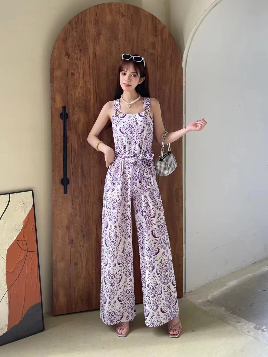 2024 New Summer Women Sexy Square Collar Strap Sashes Slim Jumpsuit Sweet Floral Print Wide Leg Long Pants Jumpsuit 9 Colors