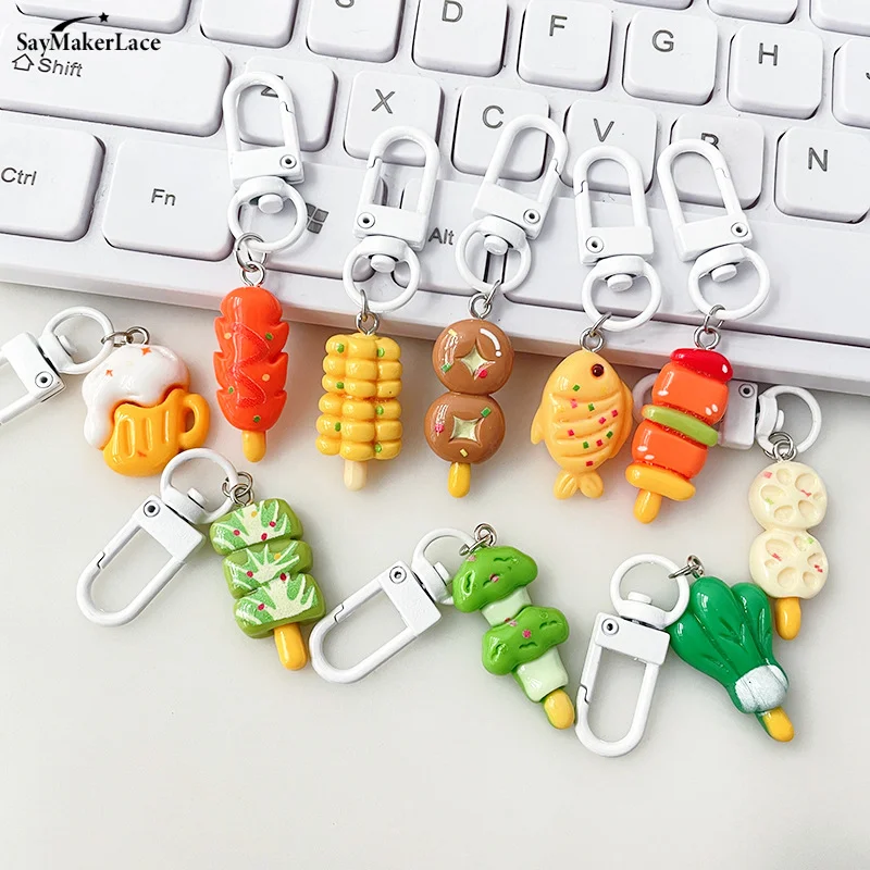 Fashion Funny Barbecue Keychain Creative Simulation Food Keyring Mini Meat Skewer Model Pendant Bag Hanging Ornament Gifts