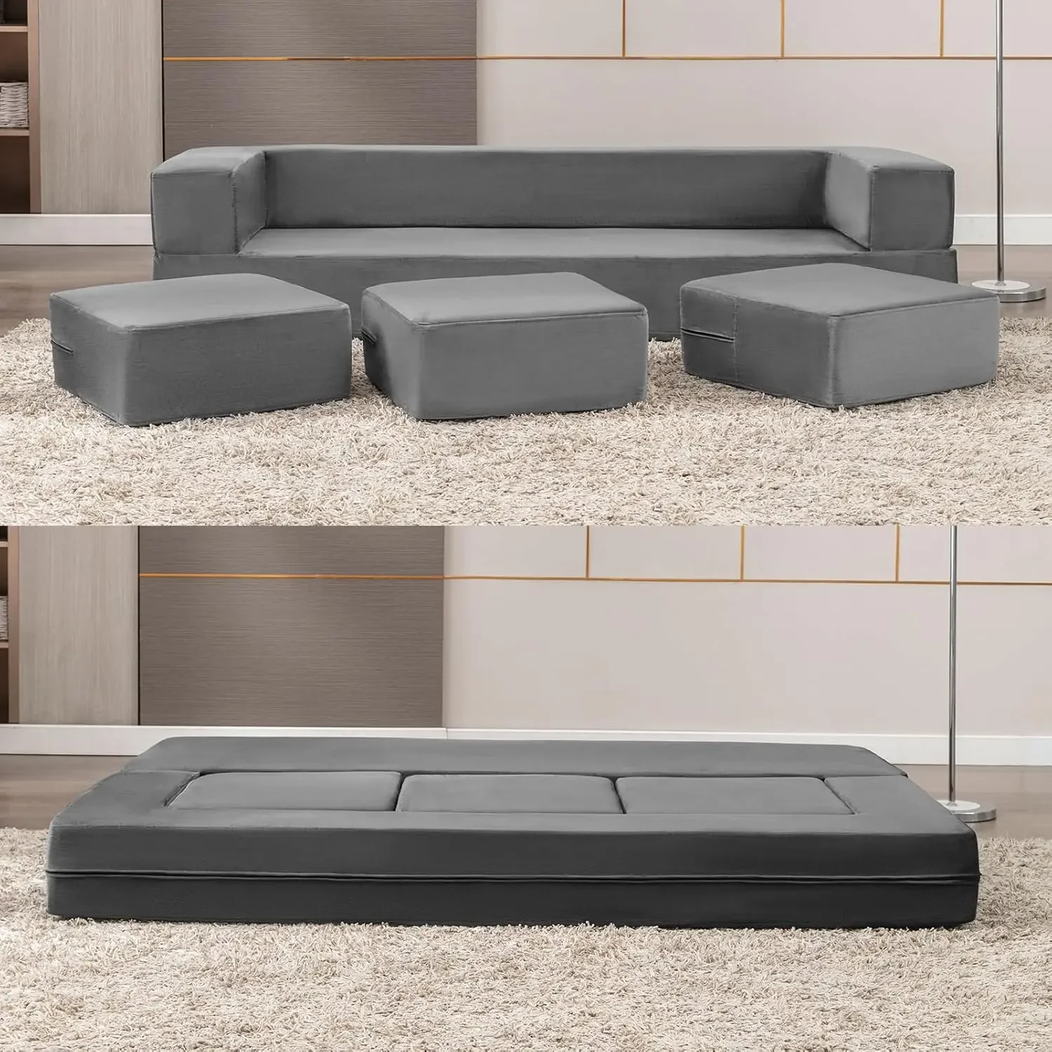 Velvet Folding Sofa Bed, Upholstered Floor Sofa Bed with 3 Ottomans, Fold Out Couch Bed with High-Density Foam, Convertible 2