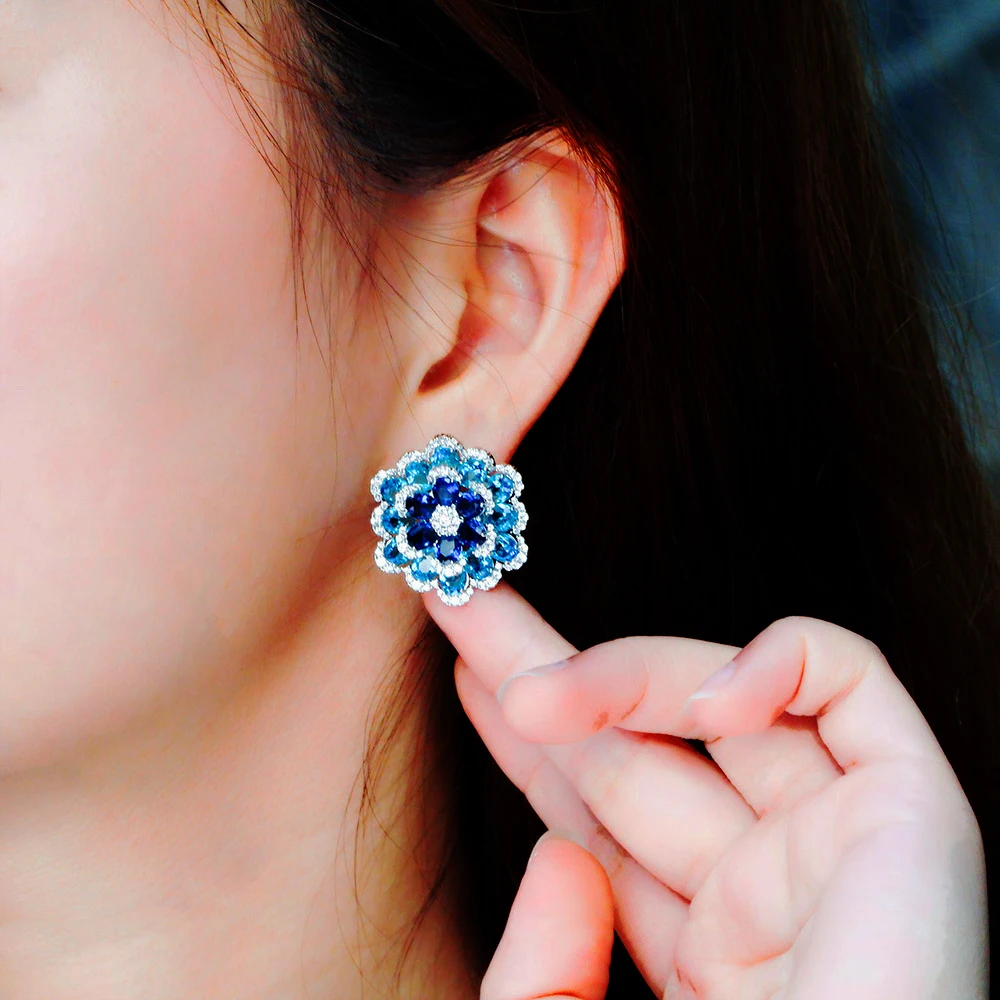 ThreeGraces Beautiful Blue CZ Zircon Silver Color  Big Flower Stud Earrings for Women Luxury Wedding Engagement Jewelry E1792