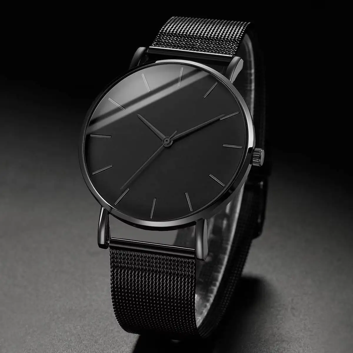 2PCS/Set Men Business Watches Fashion Men's Black Mesh Band Quartz Watch Beads Bracelet Set Reloj Hombre（Without Box）