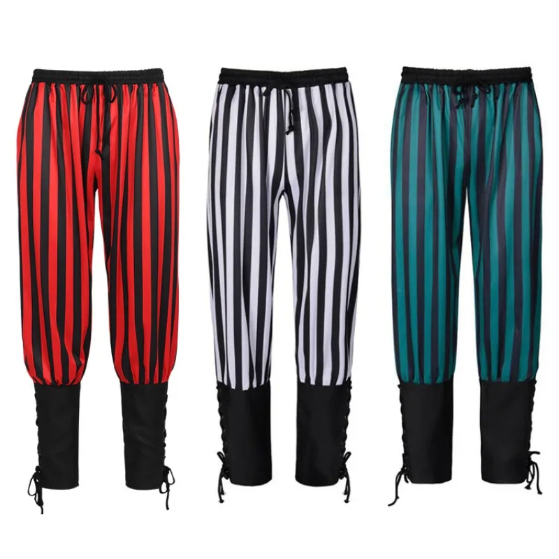 

Men Renaissance Retro Pants Medieval Lace-up Stripe Elasticated Waist New Party Halloween Stage Performance Leggings Lugentolo