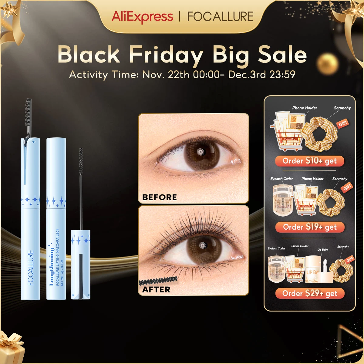 FOCALLURE Ultra-fine Mascara Waterproof Long-lasting Black Pro-Length Lengthens Eyelashes Fiber Mascara Eyes Makeup Cosmetics