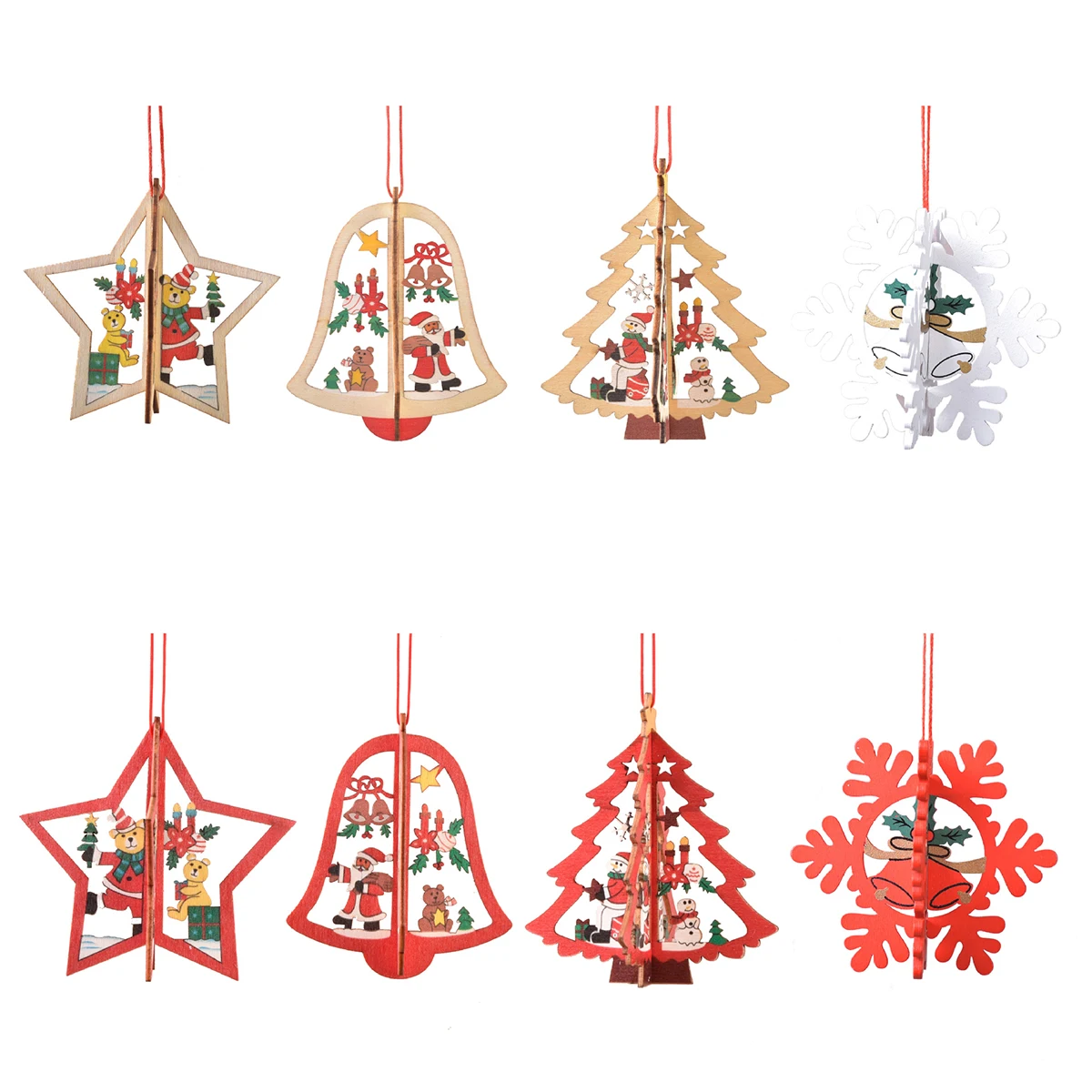 Pingentes de madeira de Natal Para Árvore de Natal Hang Snowflakes Bell Red Decoração Ornamentos Dos Desenhos Animados Pendurados Pingente Árvores Acessórios