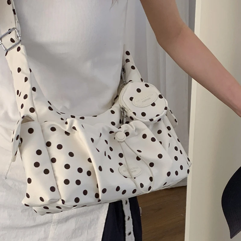 Polka Dot Crescent Crossbody Bag With Mini Pouch Casual Underarm Shoulder Bag Lightweight Nylon Hobo Bag Daily Tote For Women