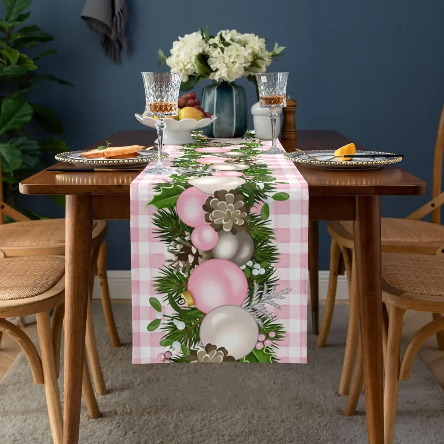 Christmas Balls Pine Needles Pink Buffalo Table Runner Table Decor Reusable Kitchen Dining Table Runner Christmas Decorations