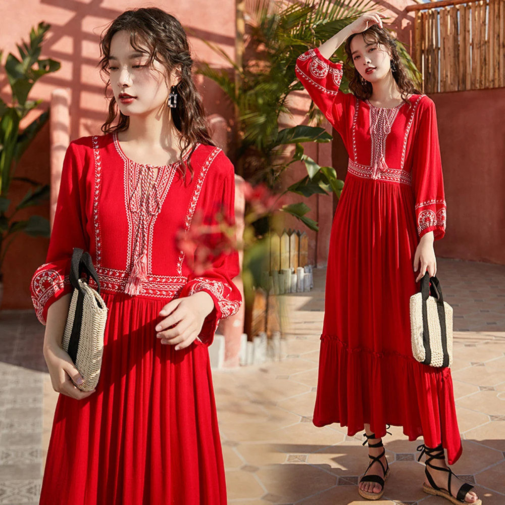 Seaside Holiday Ethnic Style Dress Female Desert Travel Red Long Dresses Super Fairy Thin Beach Dress