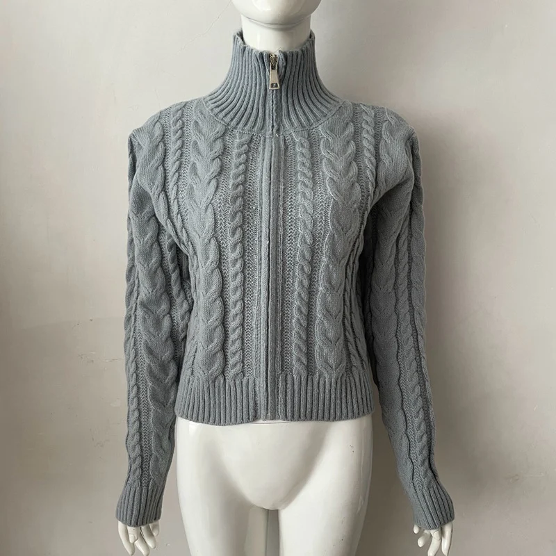 Stand Collar Twist Knitted Cardigan Women Korean Zip Up Long Sleeve Cropped Cardigans Woman Solid Color Slim Fit Sweater Coat