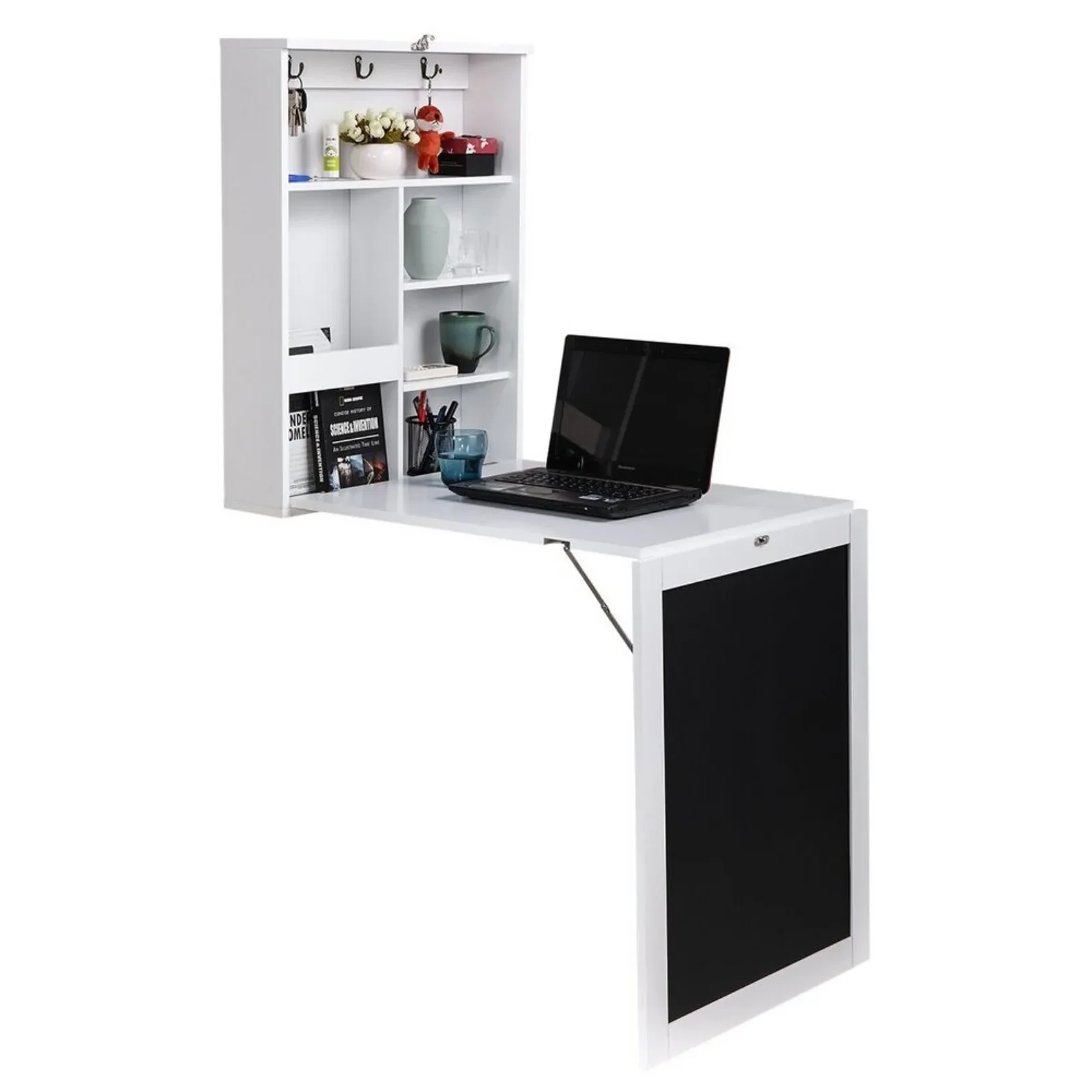 Folding Wall Desk, Wall Mounted Fold Out Desk with Storage Shelves & Hooks, Hideaway Desk Wall Mount with Chalkboard