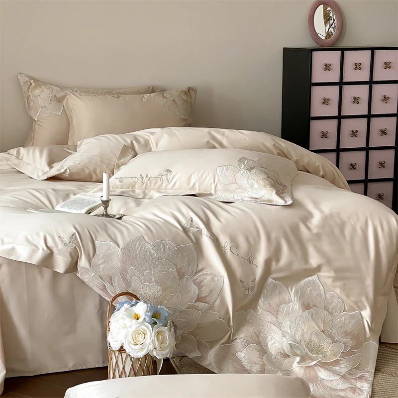 

1000TC Egyptian Cotton Flowers Embroidery Champagne Pink Blue Bedding Set Duvet Cover Flat/Fitted Bed Sheet Pillowcases 4Pcs