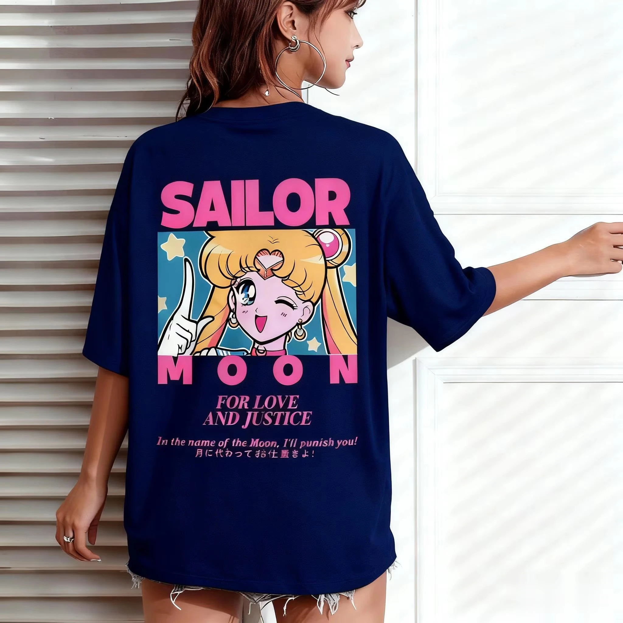 Übergroßes Lässiges Sailor Moon Damen T-Shirt Anime-Druck Kurzarm Grafik-T-Shirt Kawaii Sommer Mode Y2k Kleidung