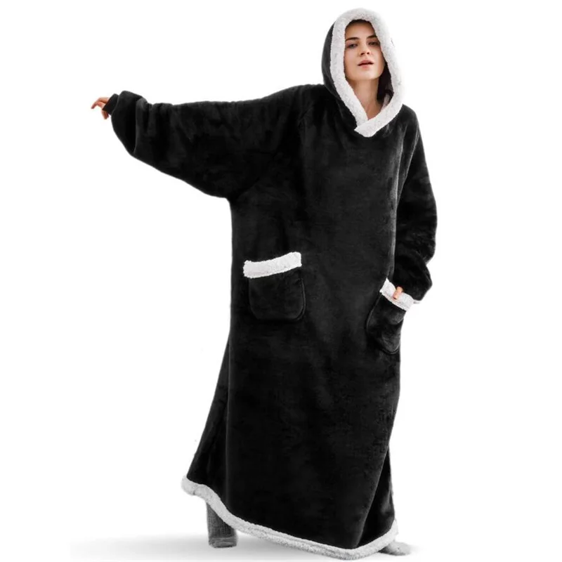 2023 Super Long Flannel Blanket with Sleeves Winter Hoodies Sweatshirt Women Pullover Fleece Giant Bathrobe