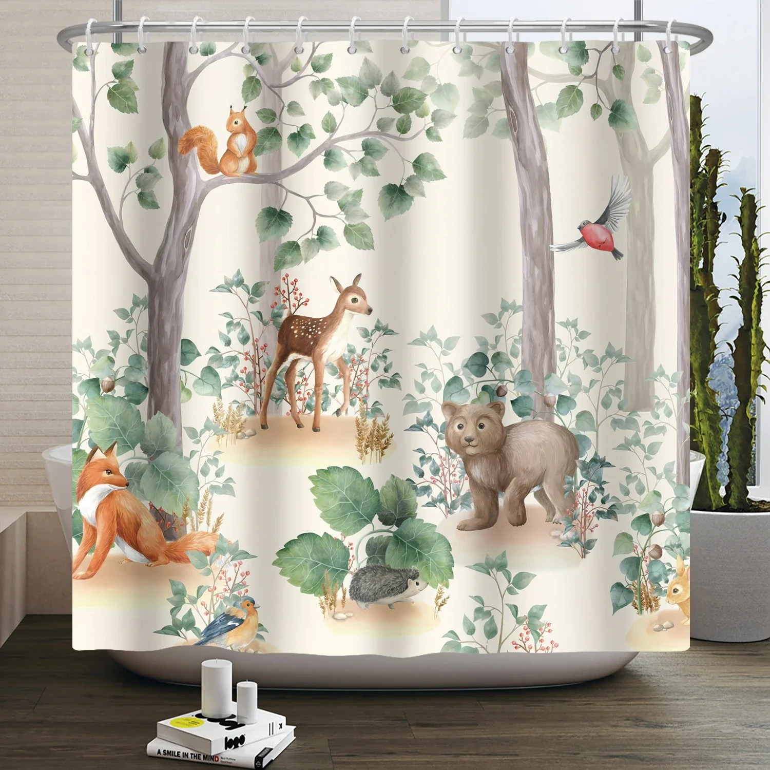 Forest Animals Shower Curtain jungle Trees Plant Wildlife Bird Bear Elk Fox Deer Modern Minimalist Kids Bathroom Shower Curtain