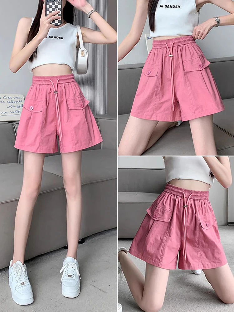 

Cargo Shorts Women Summer Casual Thin Breathable Vintage Drawstring Sporty Streetwear Fashion All-match Hipster Pure High Waist