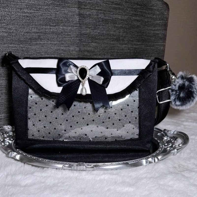 

Women Lolita Kawaii Bow Shoulder Handbags Sweet Y2k Contrast Color Patchwork Shoulder Underarm Bag Fashion Transparent Ita Bags