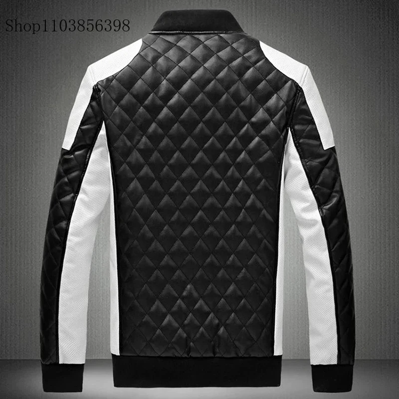 2024 Men Jacket Motorcycle Pu Leather Coat Male Autumn Winter Black White Patchwork Motorcycle Leather Jacket Mens Windbreaker