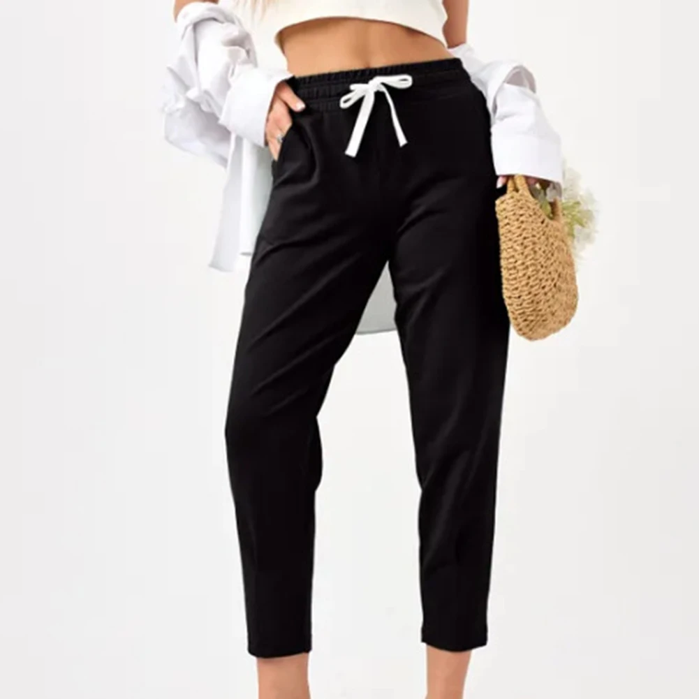 Pantalones largos para mujer, pantalones de pierna pequeña, tela de poliéster, cintura elástica, estilo informal, adecuados para la vida diaria y la calle