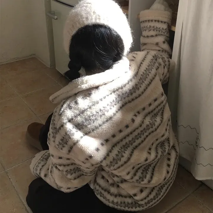 Dames Lamsfluweel Fce Gevoerde Katoenen Jaet Jas Nordic Sle Fair Isle Patroon Warme Top Bovenkleding Winter Nieuwe Collectie