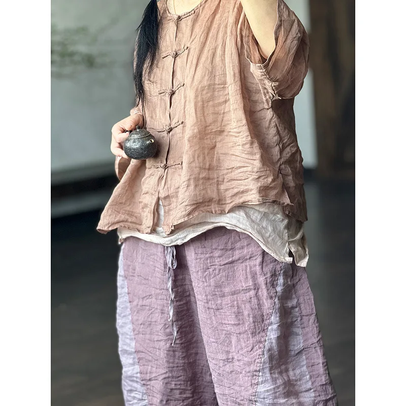 

Original Design Chinese Style Ramie Summer Chinese Button Shirts For Women O-Neck Long Sleeve Thin 2025 New Female Vintage Top