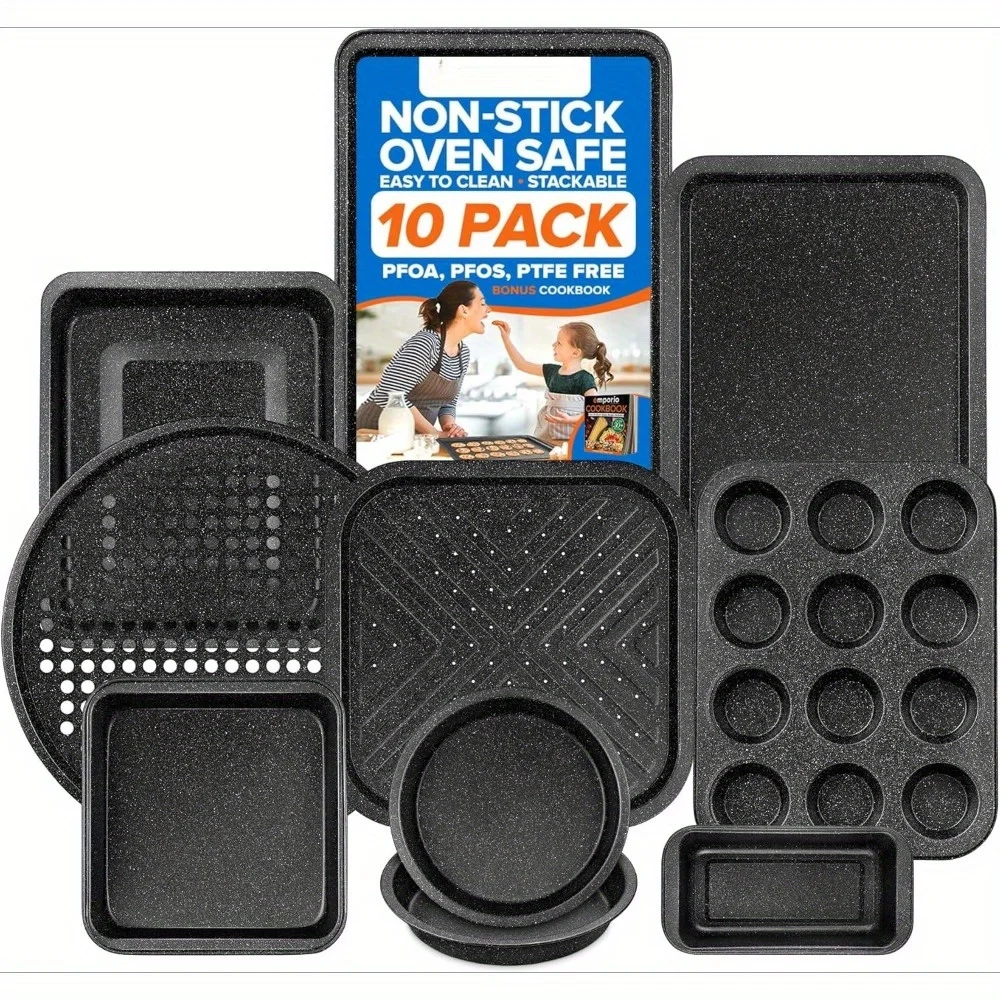 

Stackable Baking Pan Set - Nonstick Gray Marble Coating, Carbon Steel Bakeware Set, Recipe Booklet Included, Oven Safe Tray