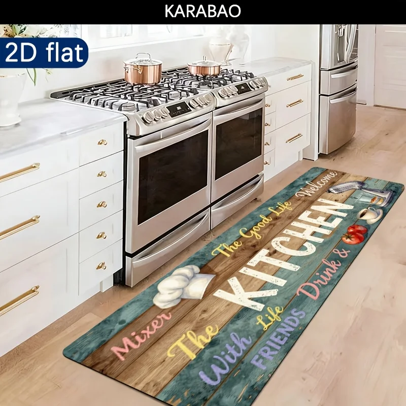 

Retro "The Good Life KITCHEN" Quote Print Runner Rug, Non-Slip Washable Durable Mat for Kitchen, Laundry Room, Entryway & Dining