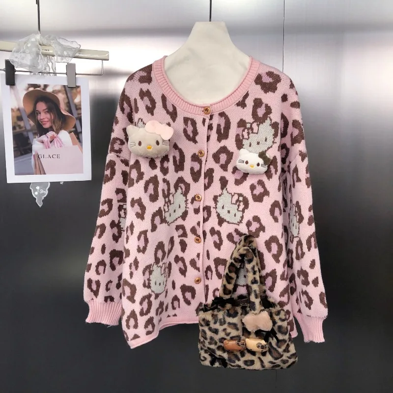 Style coréen rétro léopard Jacquard élégant tricots couleur-bloc col rond jeune pull ample Cardigan avec sac pour les femmes