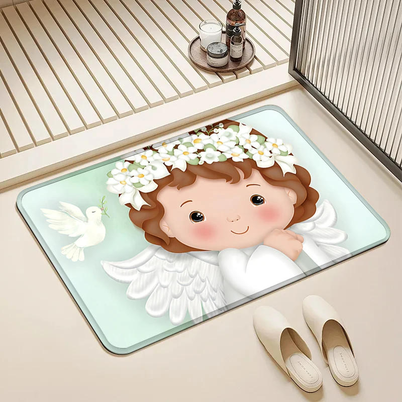 

Cute Angel Girl & Dove Print Door Mat Non-Slip Absorbent Floor Rug for Home Bathroom Kitchen Decor