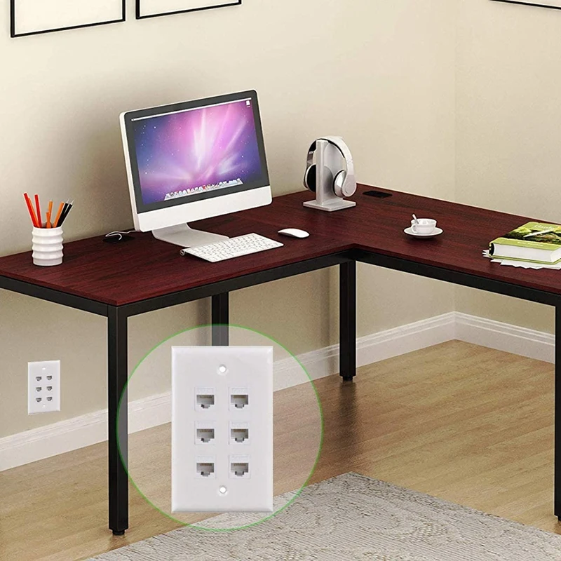 Piastra a parete Cat6 6 porte con staffa di montaggio a bassa tensione a 1 gruppo per cavi di rete Cat5e, Cat6, Cat6a, Cat7, bianco