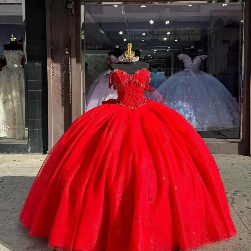 Red Quinceanera Dresses Ball Gown Princess Birthday Gown Applique Lace Beads Tulle Sweet 16 Dresses Customized