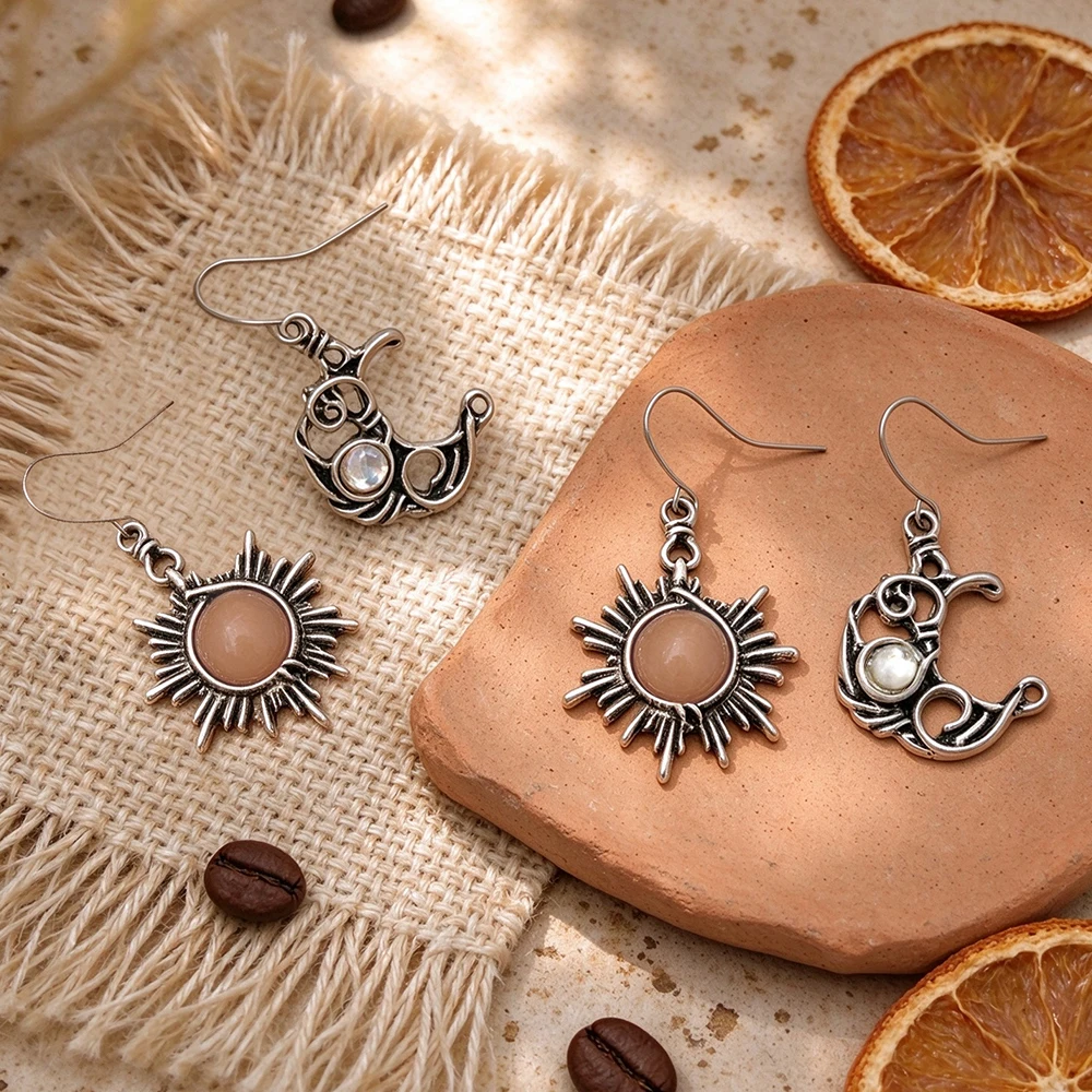 Vintage Distressed Sun and Moon Pendant Earrings, Two Pairs, Bohemian Ethnic Style Earrings