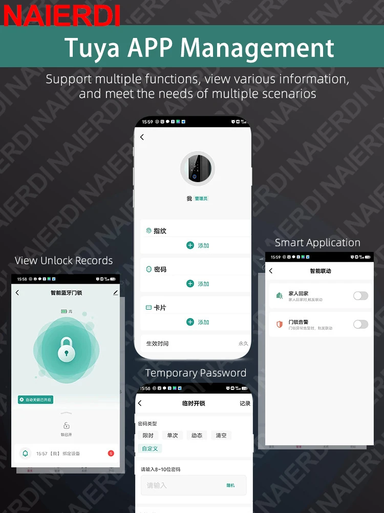 NAIERDI Tuya App Smart Glass Door Lock Bluetooth Fingerprint Password Biometric Keyless Entry Door Handle Security Hardware