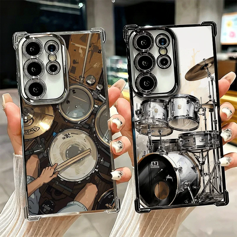 Drum Set Rock Music Plating Phone Case For Samsung Galaxy S25 S26 Edge S24 S23 Ultra S22 S21 Plus S20 FE Anti-Fall Protection Co