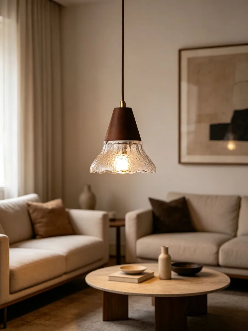 Glass Pendant Lamp Brown Wood