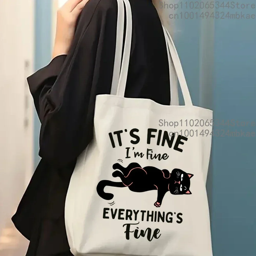 Women Tote Bag It\'s Fine I\'m Fine Everything\'s Fine Print Canvas Shopping Bag Cartoon Harajuku Cat Female Commuter Bag Handbags