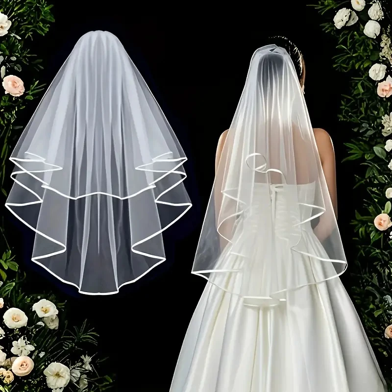 Eleganter Braut-Hochzeitsschleier aus Polyester, doppellagiger Schleier mit Haarkamm, Hochzeits-Kopfschmuck für Braut, Halloween, Foto-Requisiten, 80 cm